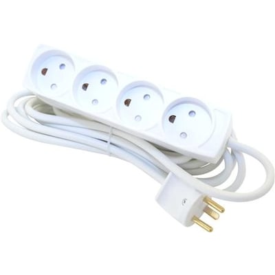 Detaljeret visning af en hvid Socket 4-stikdåse med jord, der viser alle fire runde udtag og den integrerede 5 meter lange ledning.
