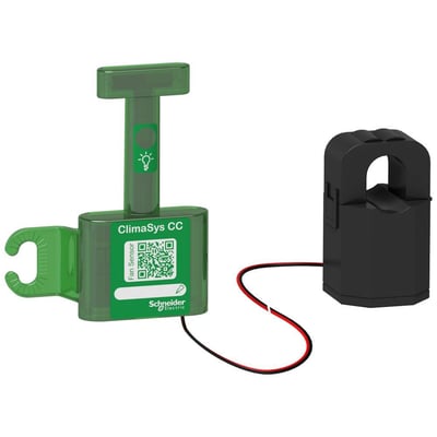 Schneider Electric ClimaSys CC ventilator sensor i grøn med en sort strømmåler og en LED-indikator.