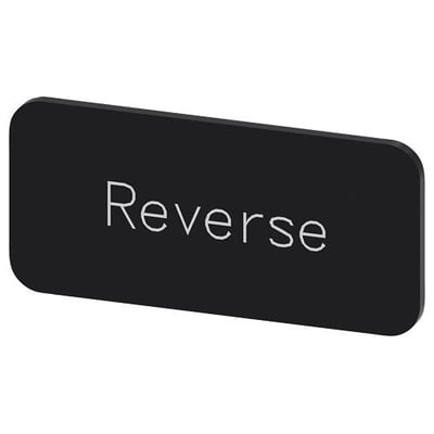 Siemens mærkningsplade 12.5x27mm med hvid 'Reverse' tekst på sort baggrund, ideel til labelholdere.