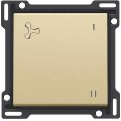 Niko tangent med ventilationssymbol i elegant gold coated finish, viser tænd/sluk symboler.