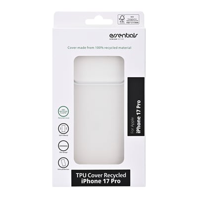 Emballage til et transparent Essentials TPU-cover til iPhone 17 Pro med coveret synligt gennem frontvinduet.