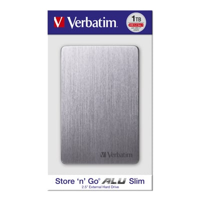 Verbatim Store 'n' Go ALU slim ekstern harddisk i space grey med 1TB lagerkapacitet og USB 3.2 Gen 1 forbindelse.