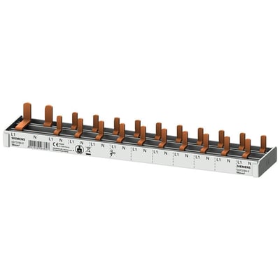 Siemens SENTRON 5ST3 PIN samleskinne med 10mm² tilslutning, 12 moduler lange og skærbar, vist i grå og kobberfarve.