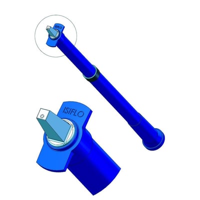 Isiflo universal hybrid garniture, type 447, i blå plast, viser både den samlede længde og et detaljeret close-up af tilslutningshovedet.