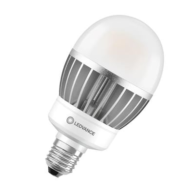 Ledvance HQL LED pære med E27 fatning, viser en detaljeret vinkel af køleprofilen og den matte glasskærm.