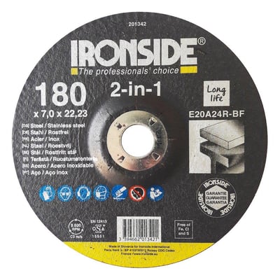 Ironside 2-in-1 skrubskive til stål og rustfrit stål, set forfra med sort og gul mærkning.