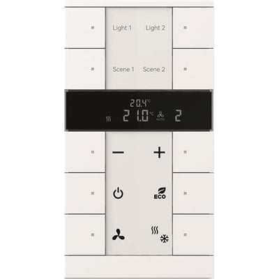 ABB KNX ClimaEco SBR/U10.0.1-84 sensor med 5/10 trykfunktion, viser temperatur og indstillinger.