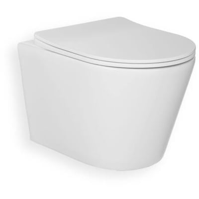 Moderne mat hvid hængeskål med Rimfree design og soft close toiletsæde, vist på hvid baggrund.