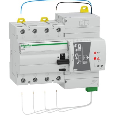 Schneider Electric PFI-afbryder REDs, 4P, 25A, 300mA, kl. A, med grøn og hvid krop og gulstik for tilslutning af kabel.
