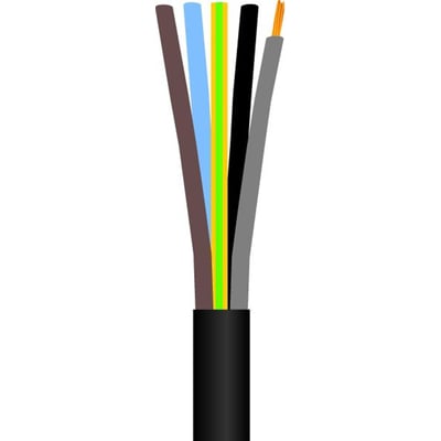 Sort PVC tilledning 5G0,75 mm², H05VV-F, med 50 meter på en kabelring og synlige indre ledere.