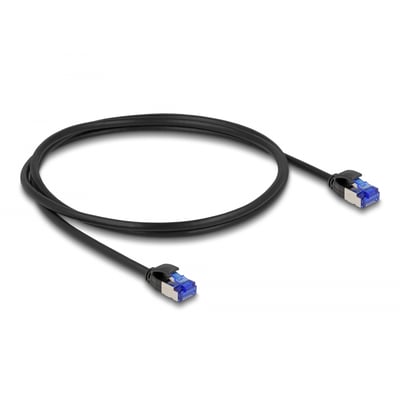DeLock Cat.6A S/FTP Slim RJ45 netværkskabel på 1 meter i sort, vist med begge afskærmede stik.