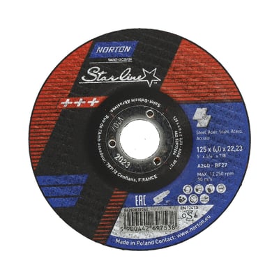Norton Starline skrubskive 125x6,4 mm til stål og rustfrit stål med angivelse af specifikationer og sikkerhedssymboler.