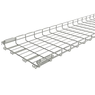 Nærbillede af Legrand gitterbakke FC 54/400-RS, der viser Fasclic+ samlingsdetaljer og sikkerhedskant i rustfri 316L stål.