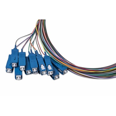 Sæt med 12 fiberoptiske pigtails med blå SC/UPC konnektorer og 900µm kabel i 12 forskellige farver.