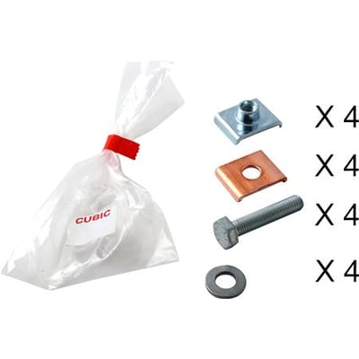 Cubic skruesæt til S2000/D Cu 10x20, 0021-0020, med fire bolte, fire skiver, fire kobberplader og fire låseclips.