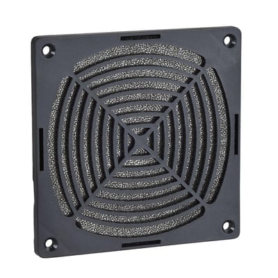 Detaljeret billede af et Schneider Electric ClimaSys CA filter til skabsventilation med monteringshuller og en grovkornet filteroverflade.