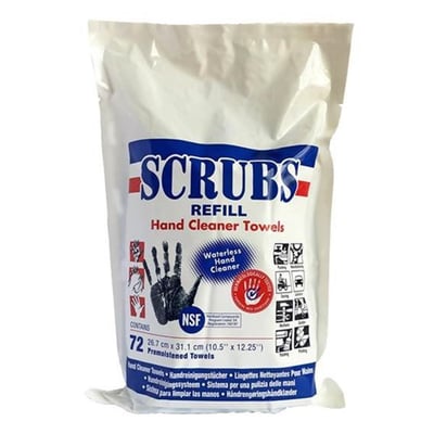 Nærbillede af Scrubs refill pose, der viser de 72 blå, imprægnerede håndrenseservietter og deres anvendelsesområder.