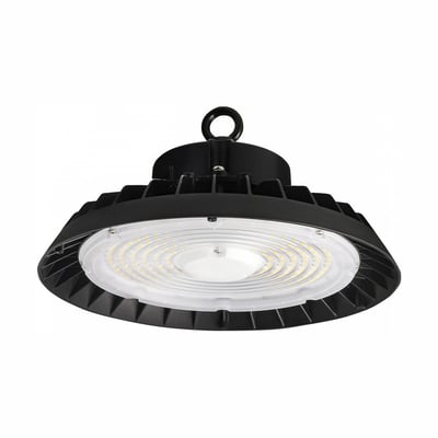 SpectrumLED Plateo 4 LED high bay-armatur på 200 W, sort rundt armatur set nedefra med LED-lysdioder og ophængsøje.