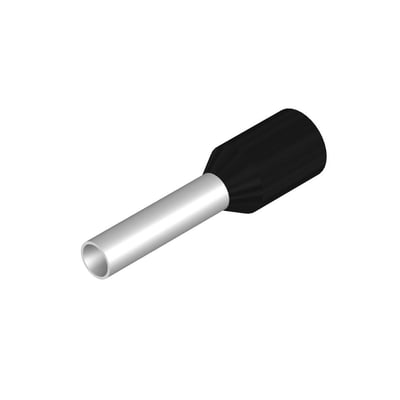 Weidmüller terminalrør med sort plastkrave og metallisk rør, designet til ledere på 0,5-2,5 mm², vist på hvid baggrund.