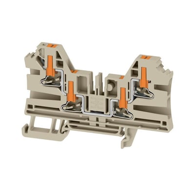 Detaljeret billede af Weidmüller AL4C 4 gennemgangsklemme i beige, fremhæver PUSH IN mekanismen og 4-polede design for 4mm² ledninger.