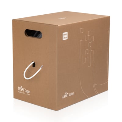 Ubiquiti UniFi Cable Cat6 CMP netværkskabel på 305 meter i hvid, vist i sin brune papkasse med logo og modelnavn.