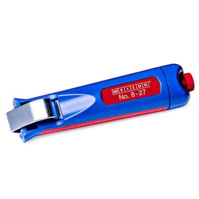 Cablefix kabelstripper No. 8-27 i blå og rød plast med justerbar kniv og metalklinge, designet til kabler fra 8-27mm.