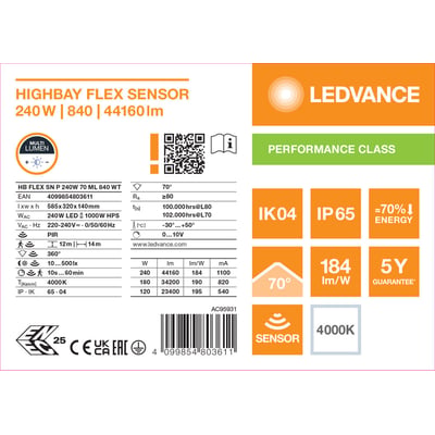 Produktetiket til Ledvance High Bay Flex Linear Sensor, hvidt high-bay-armatur med sensor og 240 W.