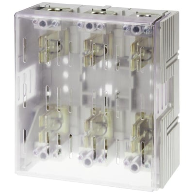 Siemens Sentron J 3-polet sikringsholder 400A 600V, med klar beskyttelseskappe og synlige sikringskontakter.