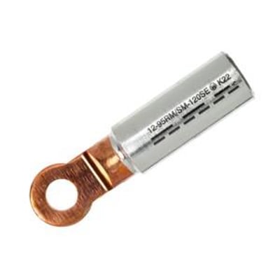 Elpress bimetal kabelsko AKK150-16DIN med M16 laske til 150/185mm2 Al-ledere på hvid baggrund.