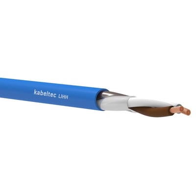 Blå multifunktionskabel LIHH 2x0,75 med fritlagt kobberleder og isolering, mærket 'kabeltec LIHH'.