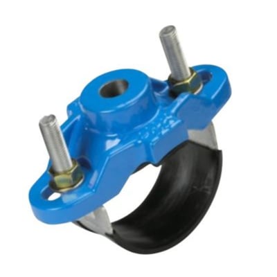 Romacon anboringssadel DN150 x 2" i blå støbejern GGG50 med NBR pakning og rustfri bagbøjle, passer til 159-186mm rør.