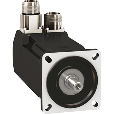 Schneider Electric BMH servomotor med 3.4 Nm, 8000 omdr./min., IP54, viser notaksel og to metalstik på sort hus.