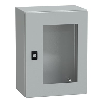 Schneider Electric CRN vægskab med glasdør og låsemekanisme, 400x300x200 mm, RAL7035, IP66.