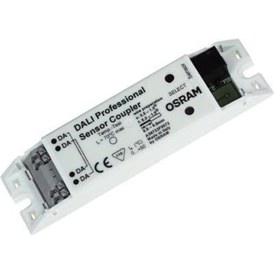 OSRAM DALI PRO Sensor Coupler-forbindelsesmodul til Multi 3-sensor set skråt fra oven med tilslutningsklemmer i enderne.