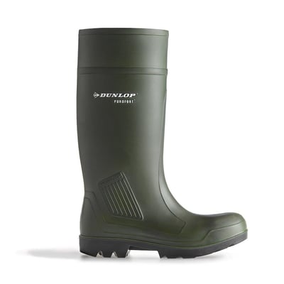 Dunlop Purofort Prof. S5 sikkerhedsgummistøvle i størrelse 39, vist fra siden i mørkegrøn med sort sål.