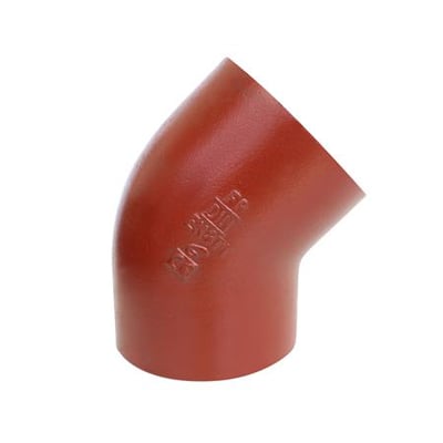 SML bøjning 80mm x 45 grader fra Preis & Co. i rød støbejern med synlig mærkning.