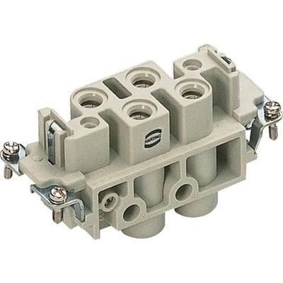 Bagfra set Harting HAN Com stikindsats med 4+2 poler, viser skrueterminaler og Harting logo.