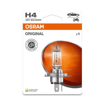 Osram ORIGINAL H4 forlygtepære med 12V 60/55W effekt og P43T sokkel, vist i sin emballage med markering for 'Actual Size'.