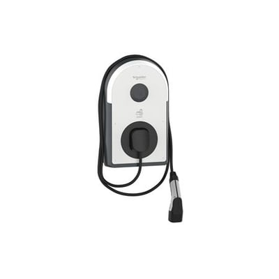 Schneider Electric EVlink Pro AC ladestander med fastmonteret Type 2 kabel og LED-statusindikator på hvid baggrund.