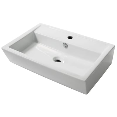 Hvid firkantet håndvask i porcelæn med mål 63,5 x 43,5 cm og centralt placeret hanehul.