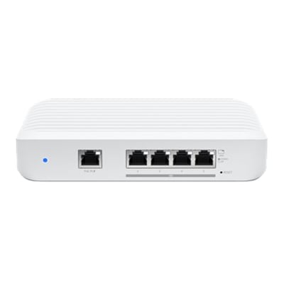 Ubiquiti Unifi Flex Switch XG med 4x 10GbE RJ45 porte og 1x GbE PoE input, hvid og kompakt design.