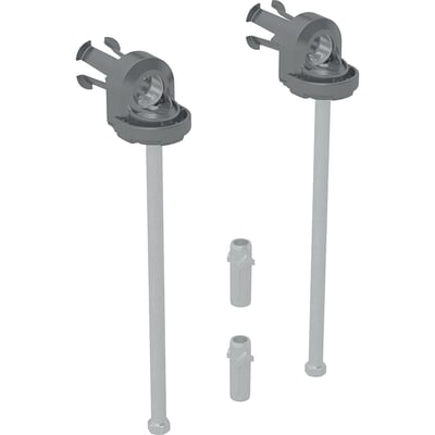 Geberit monteringsbeslag i grå plast med 220 mm længde, vist sammen med to små grå adaptere på hvid baggrund.