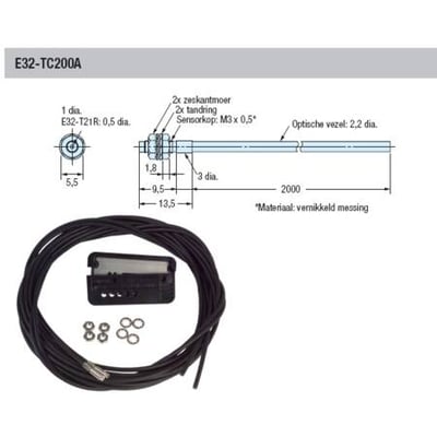 Teknisk tegning af Omron E32-TC200A fiberoptisk sensorhoved med dimensioner og specifikationer.
