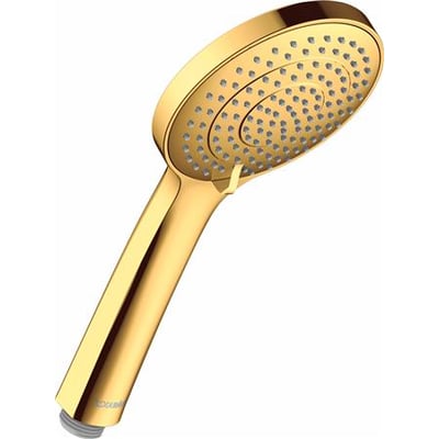 Nærbillede af Duravit håndbruser med poleret guld finish, viser detaljer ved dyserne og ergonomisk greb.