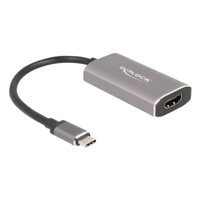 Delock USB-C til HDMI-adapter med kort sort kabel, USB-C-stik og HDMI-port i et sølvfarvet hus.