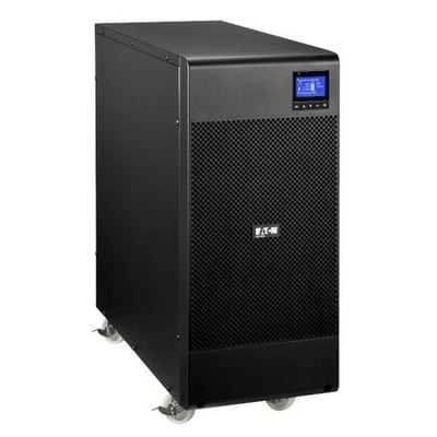 Sort Eaton 9SX5KI online-UPS på 5000 VA i tårnformat med perforeret front, display og hjul.