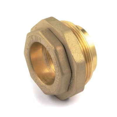 Isiflo reduktionsstykke i messing med en dimension på 32 mm til 20 mm, med synlige gevind og sekskantet endestykke.