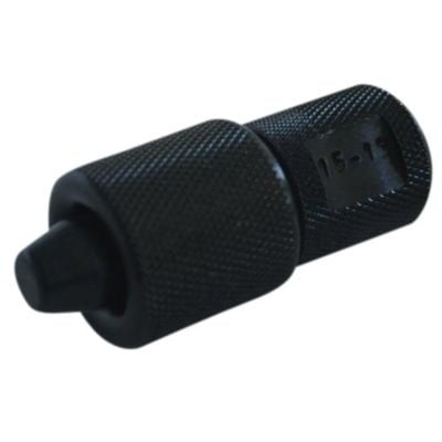 Georg Fischer kalibreringsværktøj til 12mm kobberrør, vist med vendbar spids til indvendig og udvendig kalibrering, sort metal.