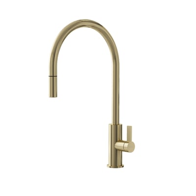 Lavabo Alkymist 587 RS køkkenarmatur i børstet messingfarvet finish med høj, buet C-tud, udtræk og ét greb.