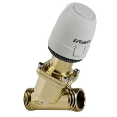Frese Optima Compact strengreguleringsventil i messing med hvid aktuator og Frese logo, DN20, 5,0 mm slaglængde, isoleret.